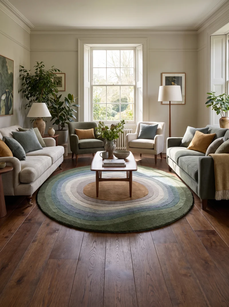 Tapis Rond 100% Laine Vert et Bleu - Geode