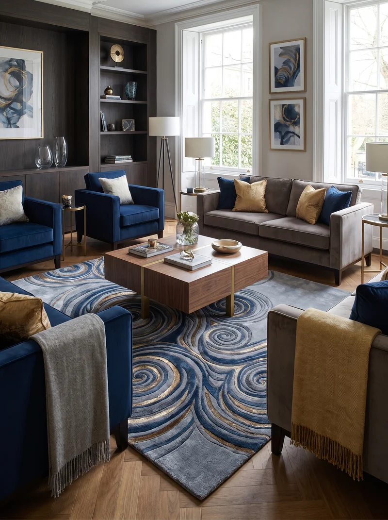 Tapis Laine & Viscose Gris Perle et Bleu - Vortice