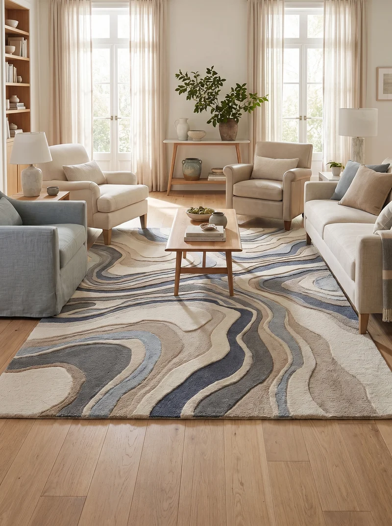 Tapis 100% Laine Ivoire et Bleu Ardoise - Marmo