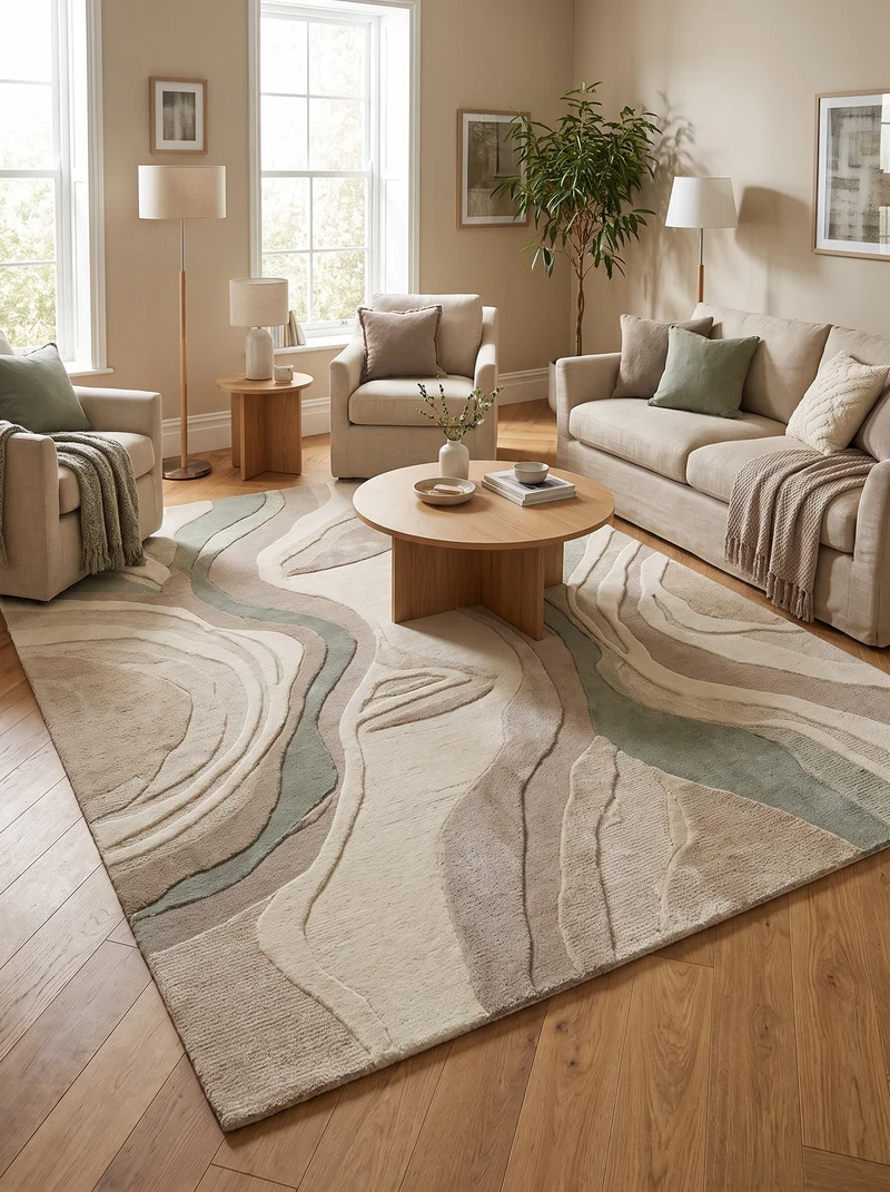 Tapis 100% Laine Beige et Vert Sauge - Salvia