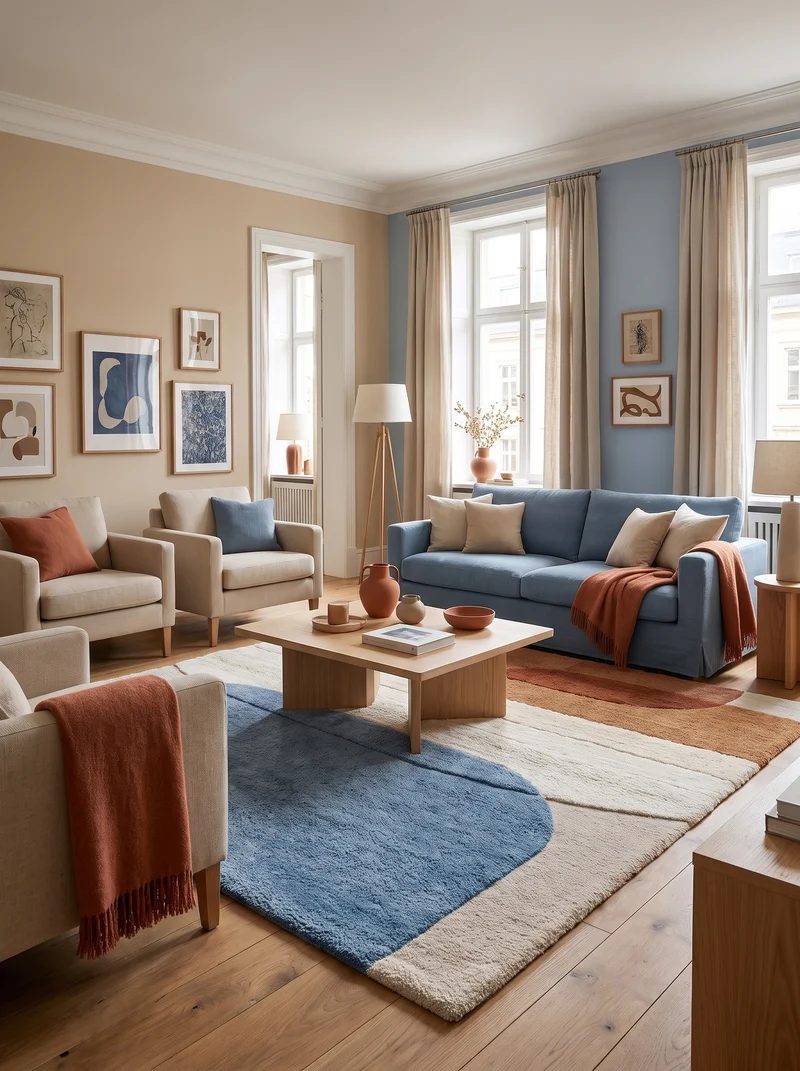 Tapis 100% Laine Bleu et Terracotta - Costa