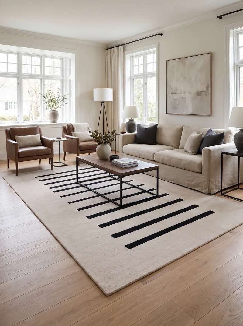 Tapis 100% Laine Ivoire et Noir - Rigato