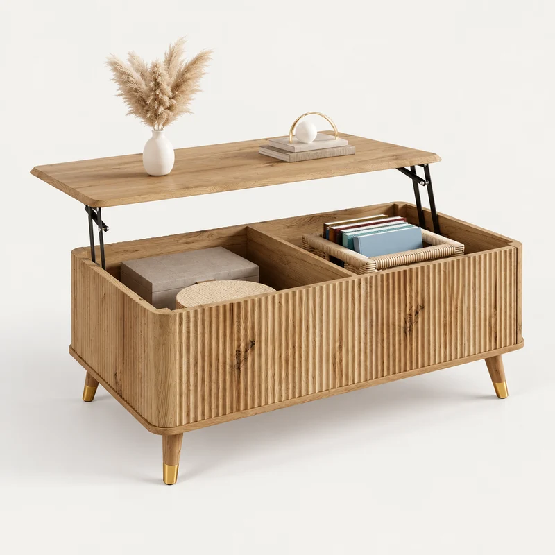 Table Basse Relevable en Bois – Double Rangement et Façades Rainurées