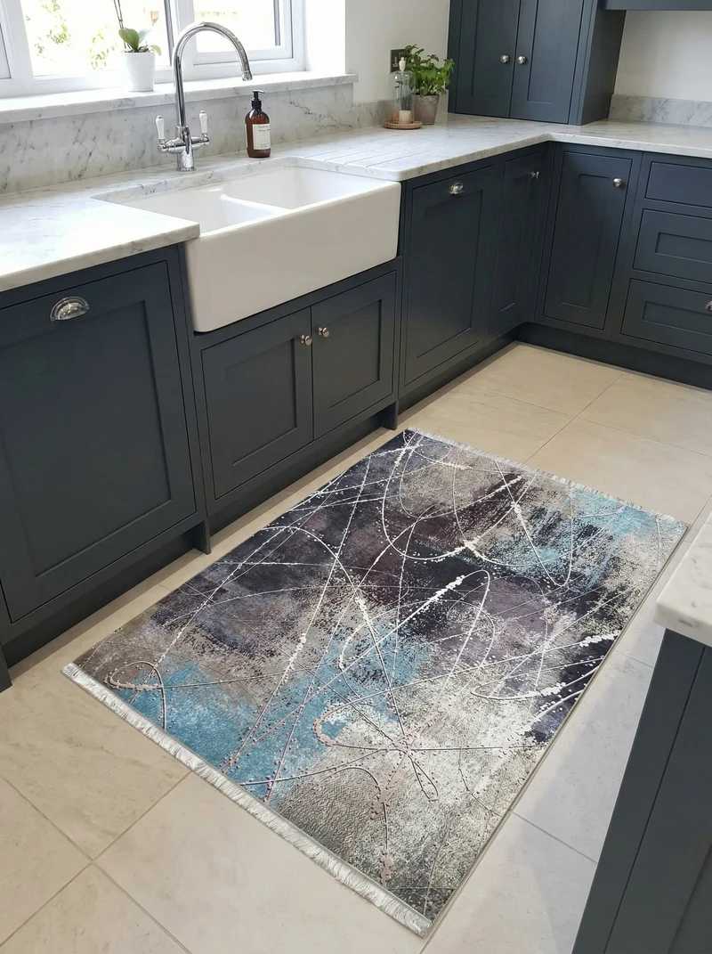 Tapis de Cuisine Design Bleu et Anthracite - Terrazzo