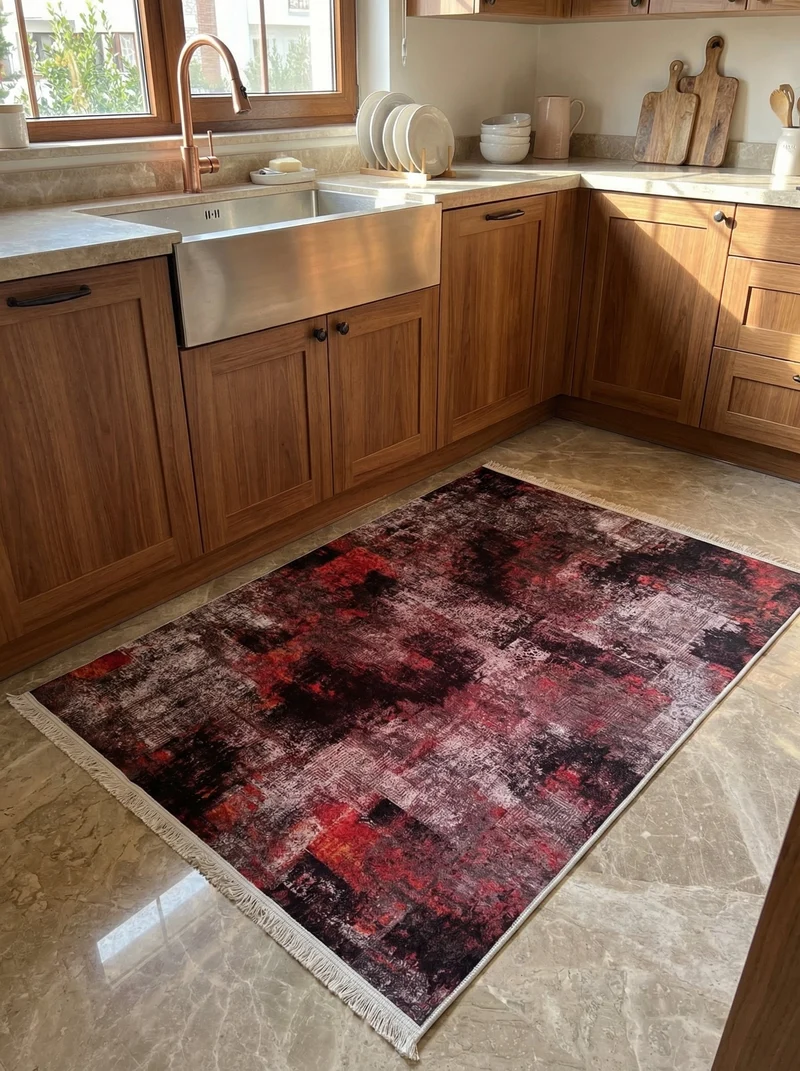 Tapis de Cuisine Vintage Bordeaux et Gris - Terrazzo
