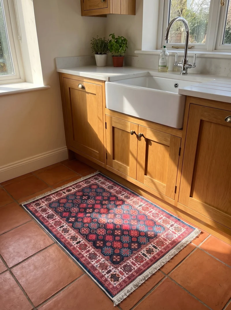 Tapis de Cuisine Oriental Bleu Marine et Rose - Terrazzo