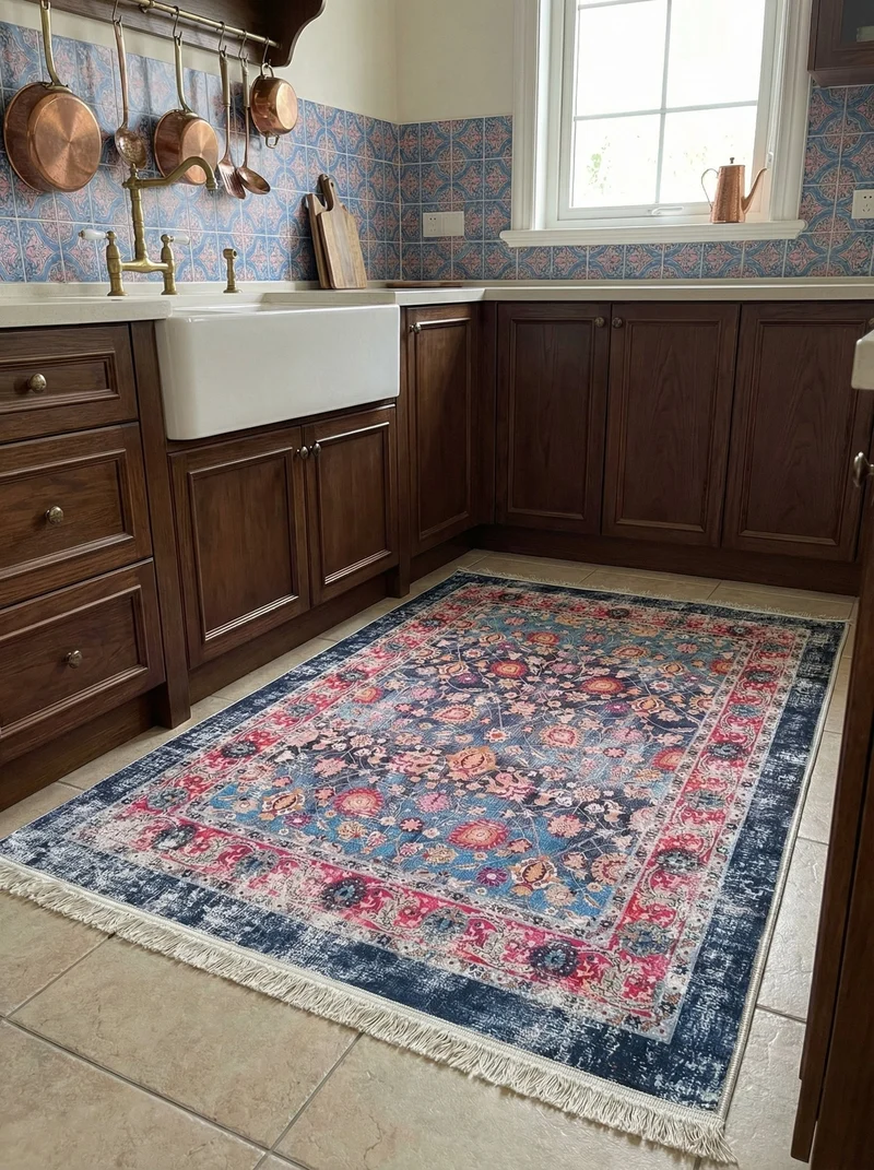 Tapis de Cuisine Vintage Bleu et Rose - Terrazzo N°2