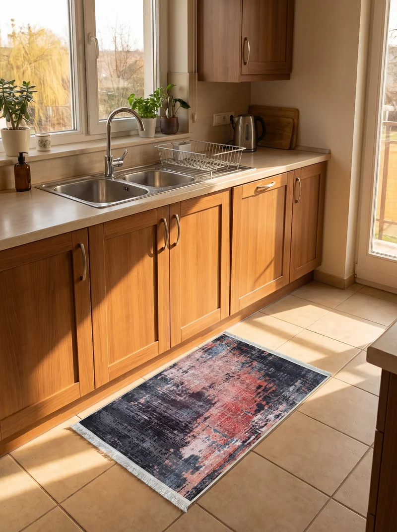 Tapis de Cuisine Vintage Anthracite et Rouge - Terrazzo