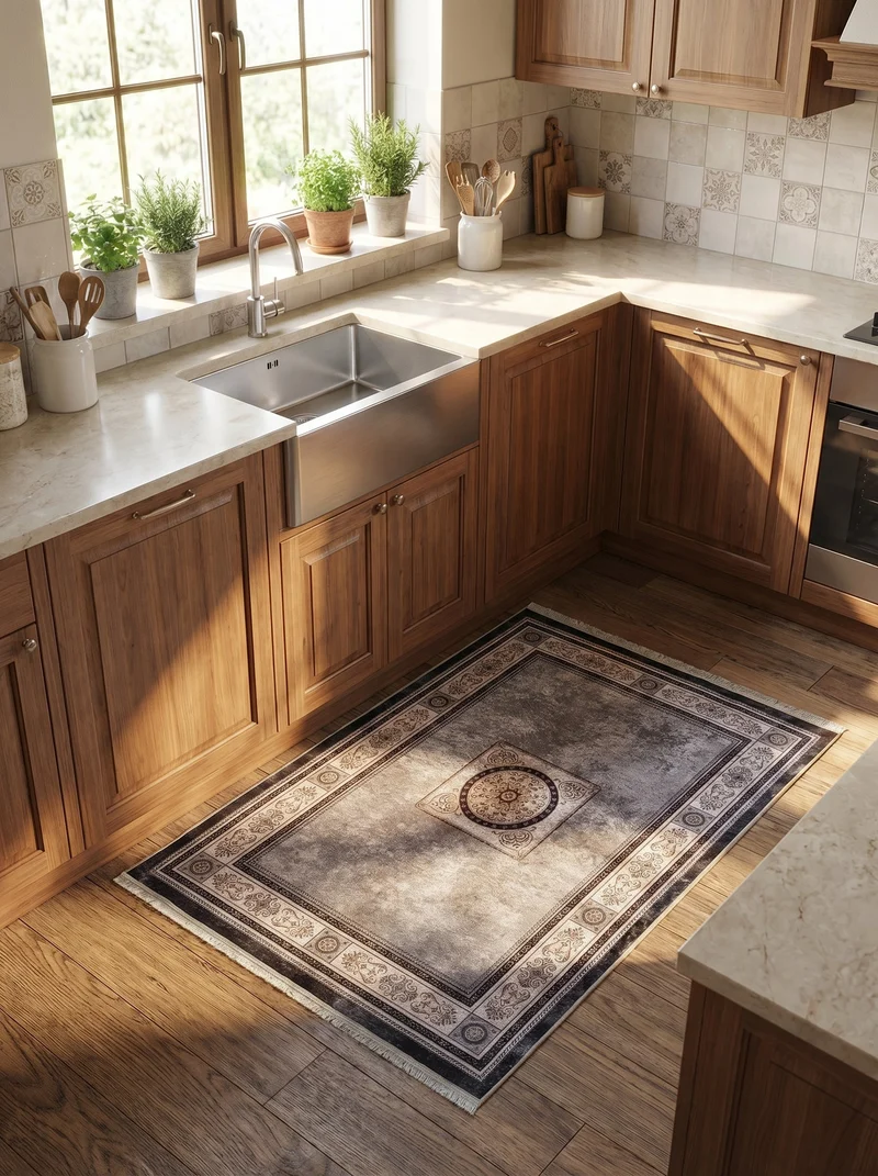 Tapis de Cuisine Oriental Gris et Crème - Terrazzo