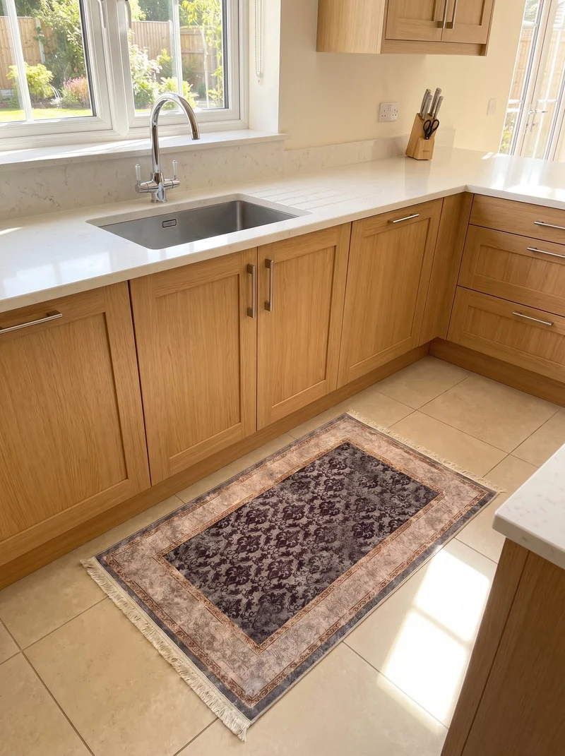 Tapis de Cuisine Vintage Gris et Bordeaux - Terrazzo
