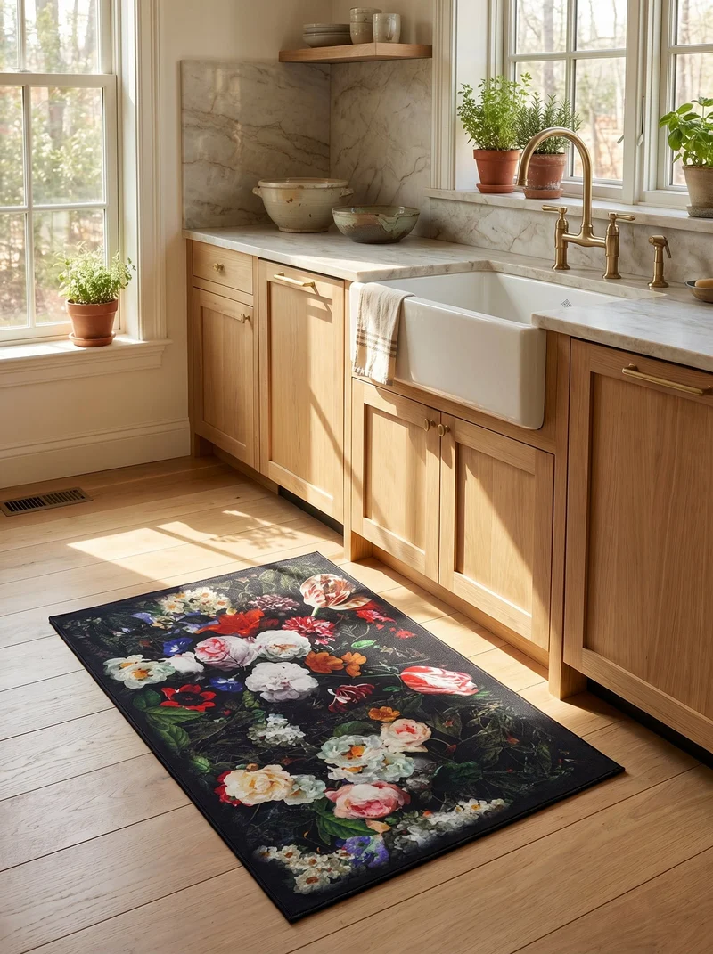 Tapis de Cuisine Design Noir Fleurs - Terrazzo