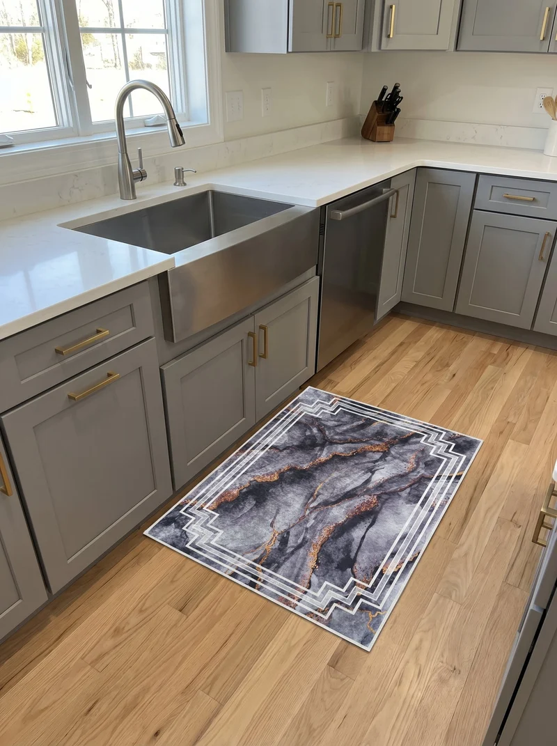 Tapis de Cuisine Moderne Gris foncé et Or - Terrazzo