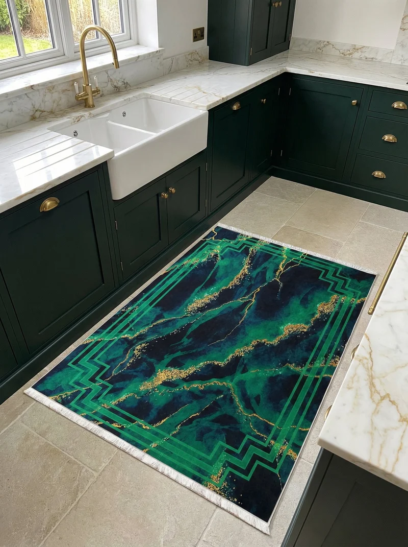 Tapis de Cuisine Design Vert et Or - Terrazzo