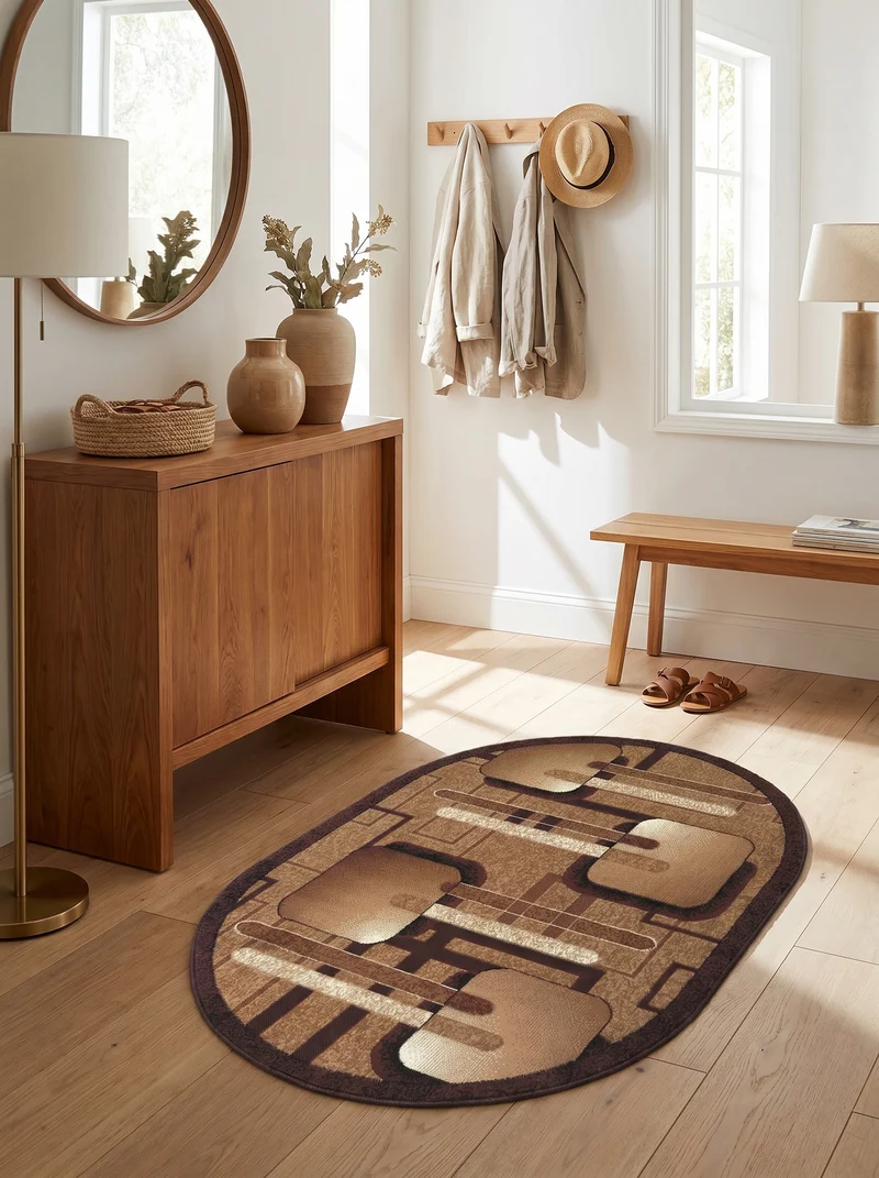 Tapis d'Entrée Ovale Moderne Géométrique Beige & Marron - Valore
