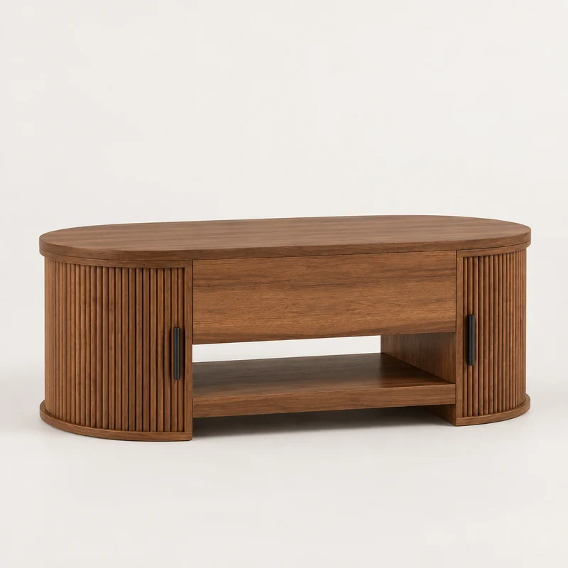Table Basse Relevable Noyer – Rangement Intégré et Lignes Rainurées