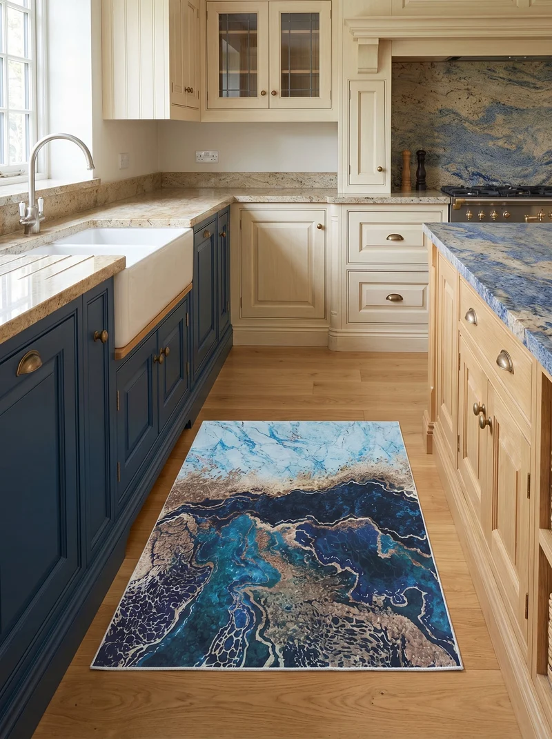 Tapis de Cuisine Design Bleu Doré - Terrazzo