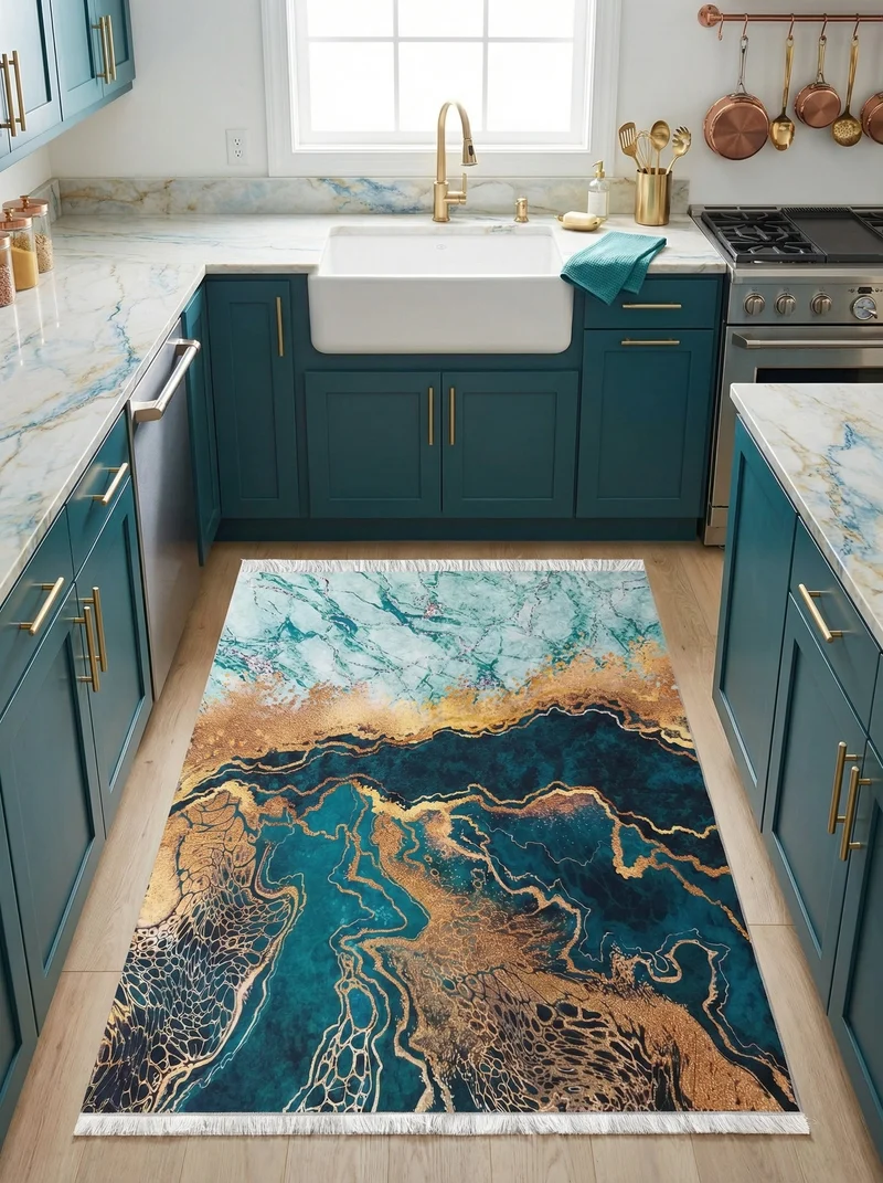 Tapis de Cuisine Design Vert Doré - Terrazzo N°2