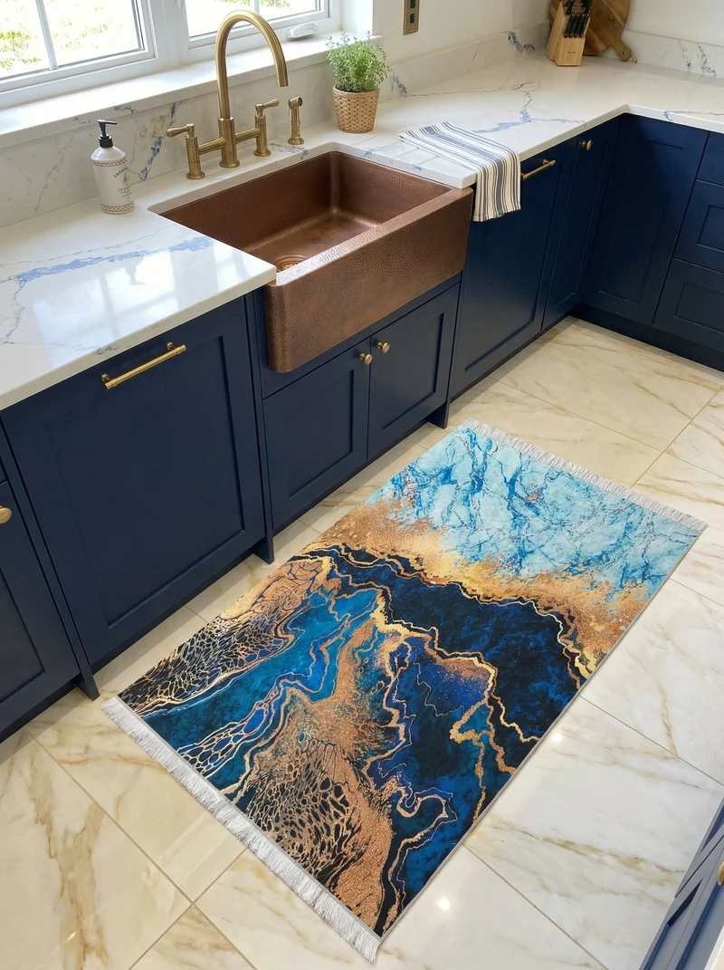 Tapis de Cuisine Design Bleu Doré - Terrazzo N°2