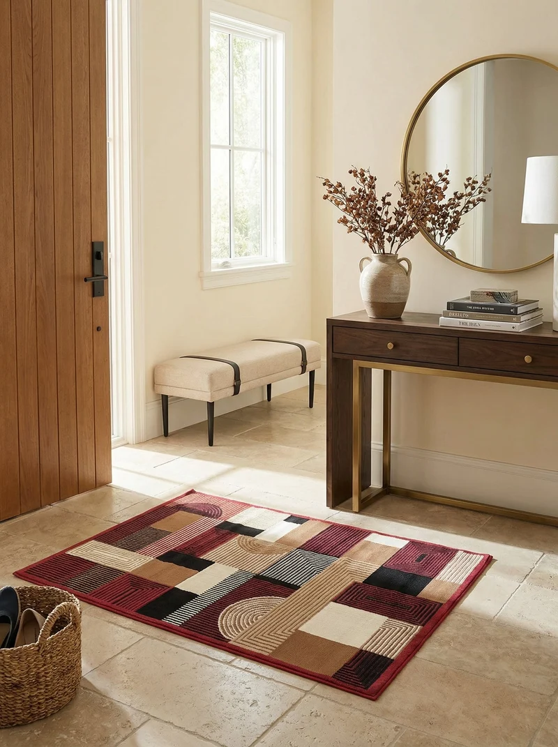 Tapis d'Entrée Géométrique Rouge & Marron - Valore