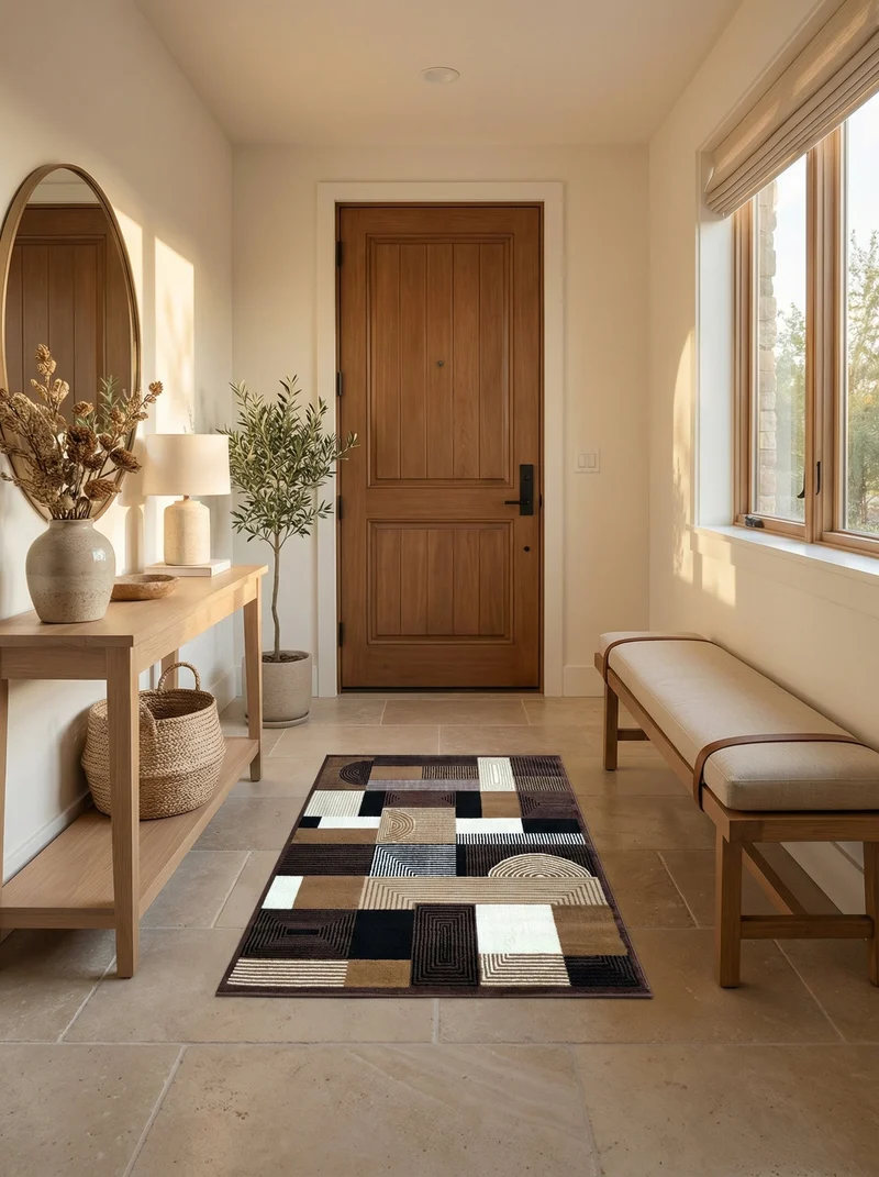 Tapis d'Entrée Géométrique Marron & Crème - Valore