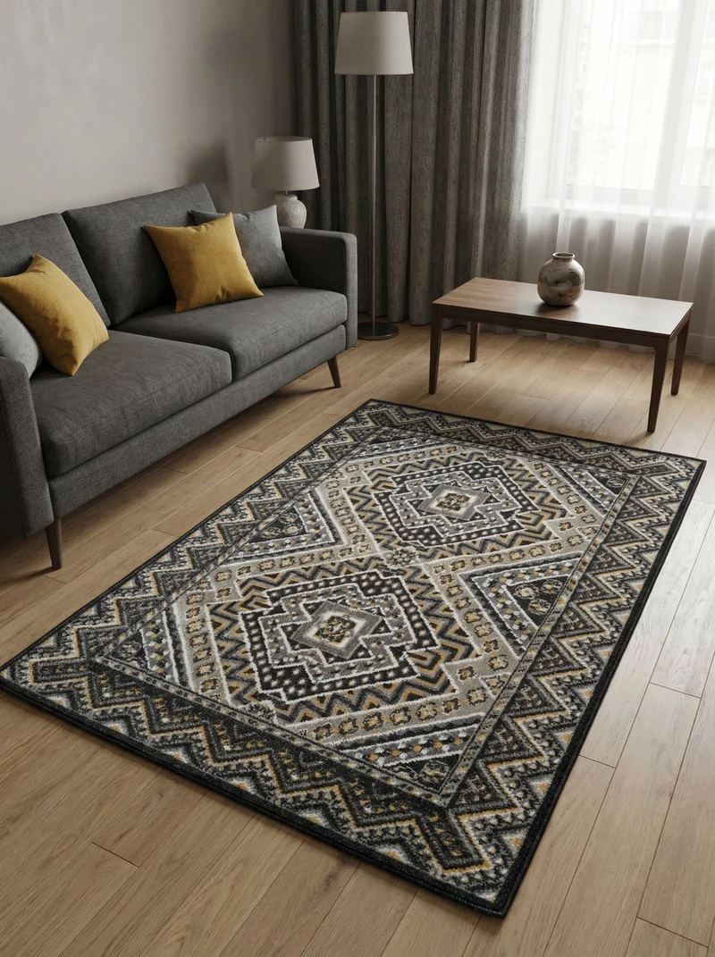 Tapis Géométrique Anthracite et Or - Fidelia
