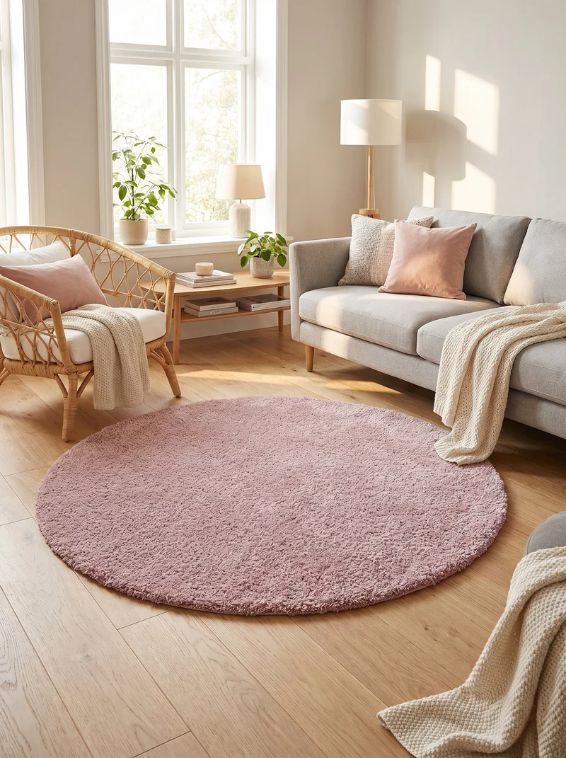 Tapis Lavable Rond Shaggy Rose Poudré - Sahel