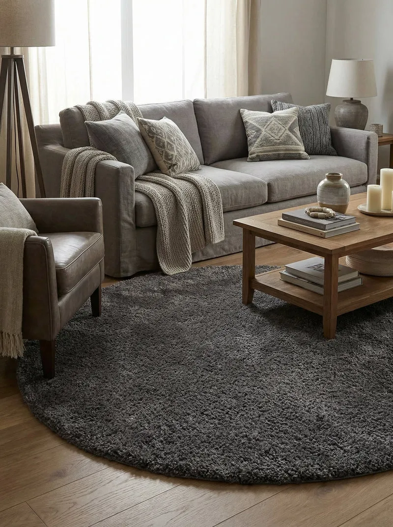 Tapis Lavable Rond Shaggy Gris Anthracite - Sahel