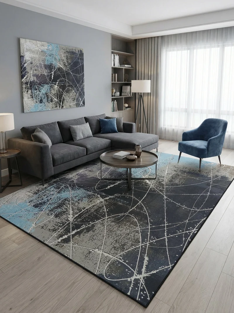 Tapis Lavable Design Anthracite et Bleu - Terrazzo