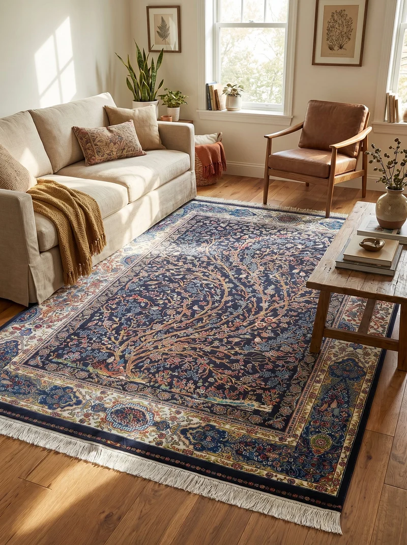 Tapis Persan Effet Soie Bleu Marine - Samara N°11
