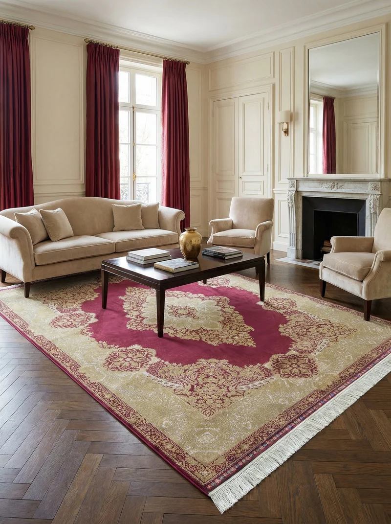 Tapis Persan Effet Soie Beige et Rouge - Samara N°02