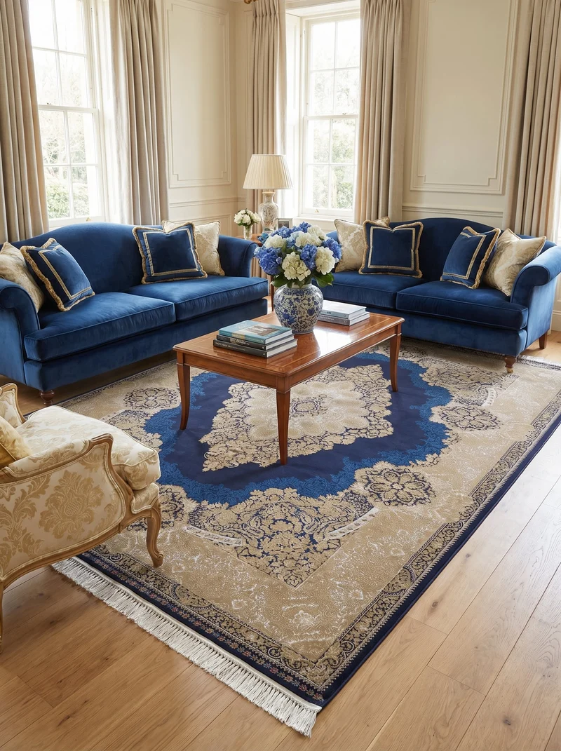 Tapis Persan Effet Soie Beige et Bleu Marine - Samara N°02