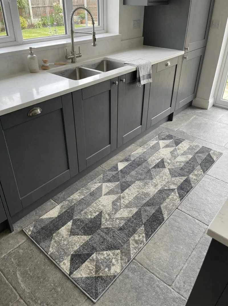 Tapis de Cuisine Géométrique Gris & Crème - Mirador
