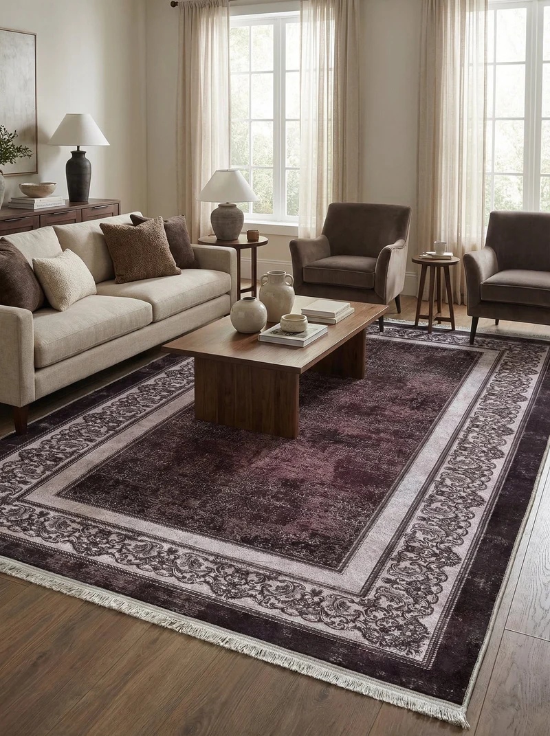 Tapis Lavable Vintage Prune et Gris - Terrazzo