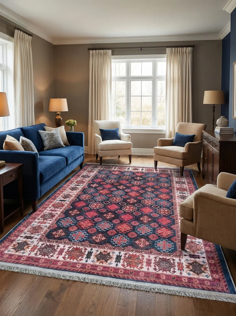 Tapis Lavable Oriental Bleu Marine et Rose - Terrazzo