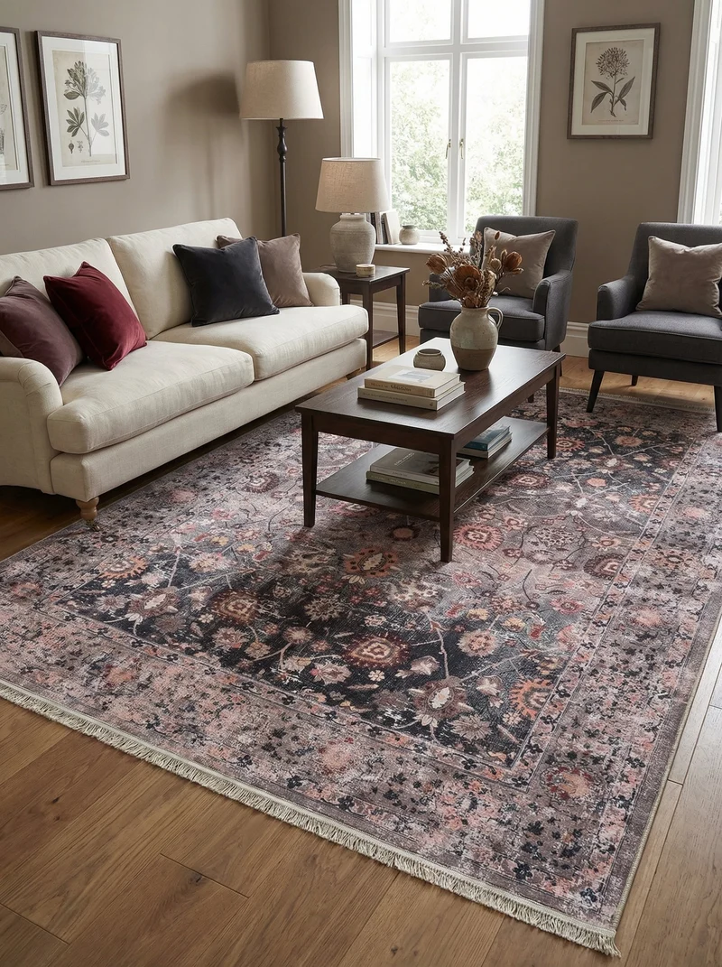 Tapis Lavable Vintage Anthracite et Rose - Terrazzo
