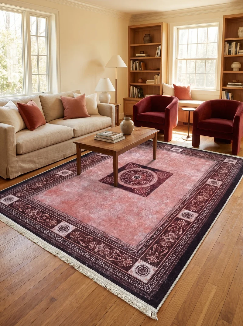 Tapis Lavable Oriental Rose et Bordeaux - Terrazzo