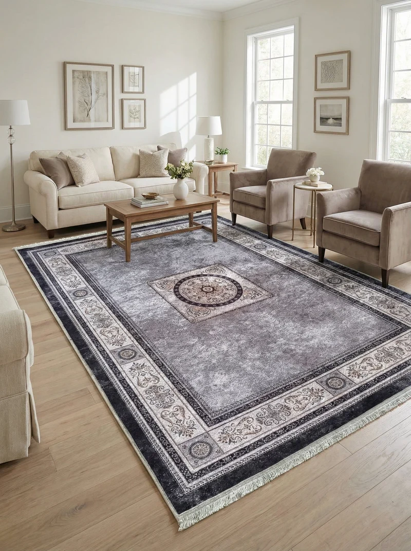 Tapis Lavable Oriental Gris et Crème - Terrazzo