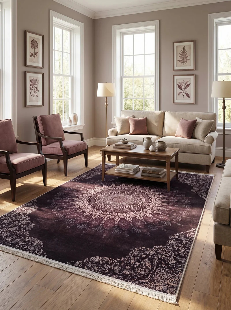 Tapis Lavable Oriental Prune et Rose - Terrazzo