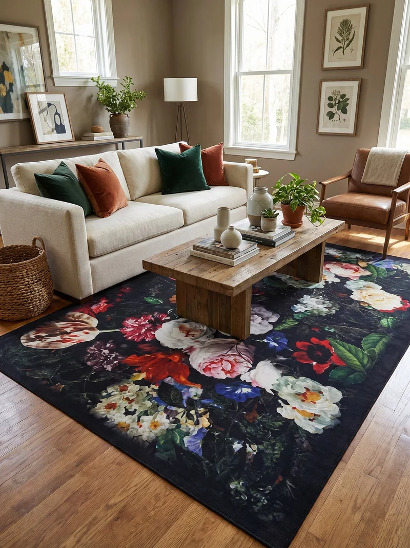 Tapis Lavable Design Noir Fleurs - Terrazzo