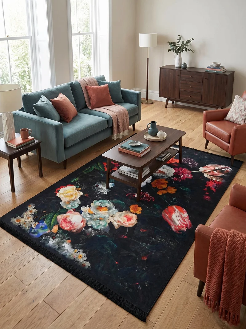 Tapis Lavable Design Noir Fleurs - Terrazzo N°2