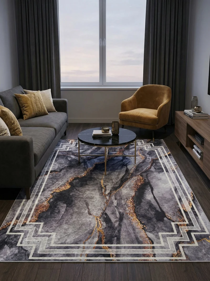Tapis Lavable Moderne Gris foncé et Or - Terrazzo
