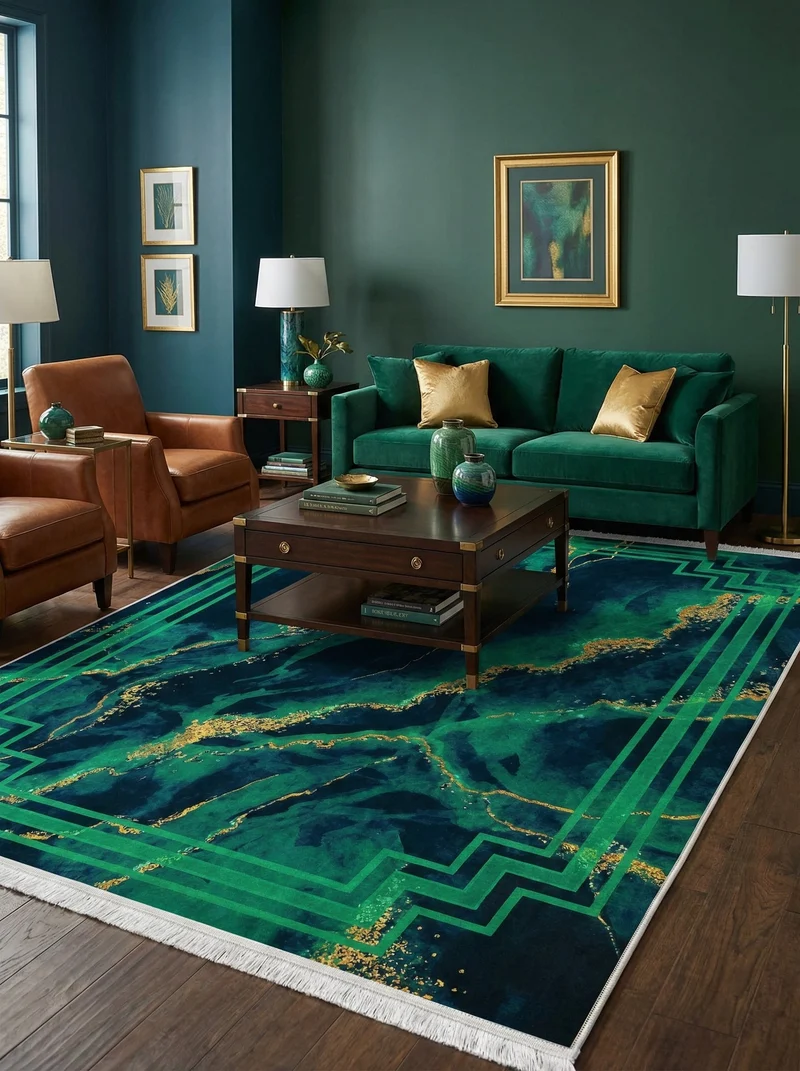 Tapis Lavable Design Vert et Or - Terrazzo