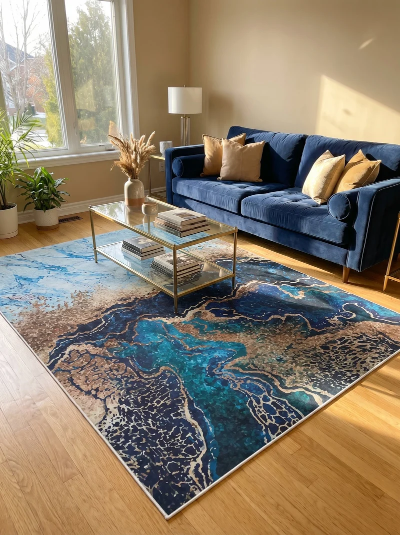 Tapis Lavable Design Bleu Doré - Terrazzo