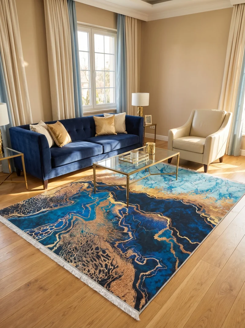Tapis Lavable Design Bleu Doré - Terrazzo N°2
