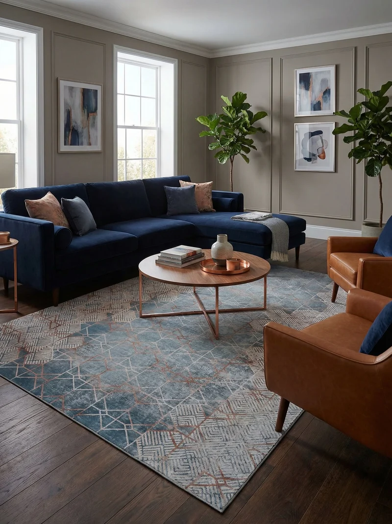 Tapis Lavable Vintage Bleu et Cuivre - Terrazzo
