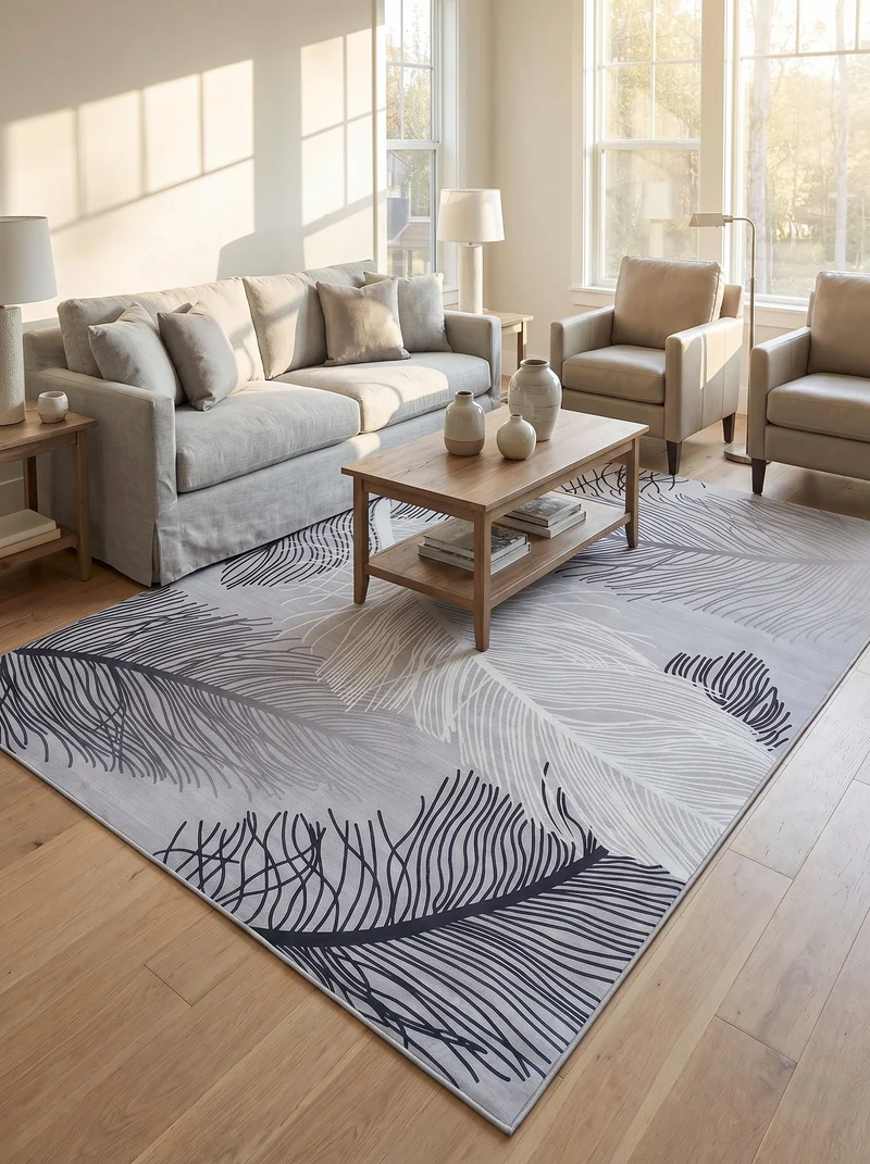 Tapis Lavable Design Plumes Noir et Blanc - Terrazzo