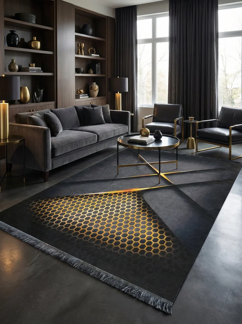Tapis Lavable Design Noir et Or 05 - Onyx
