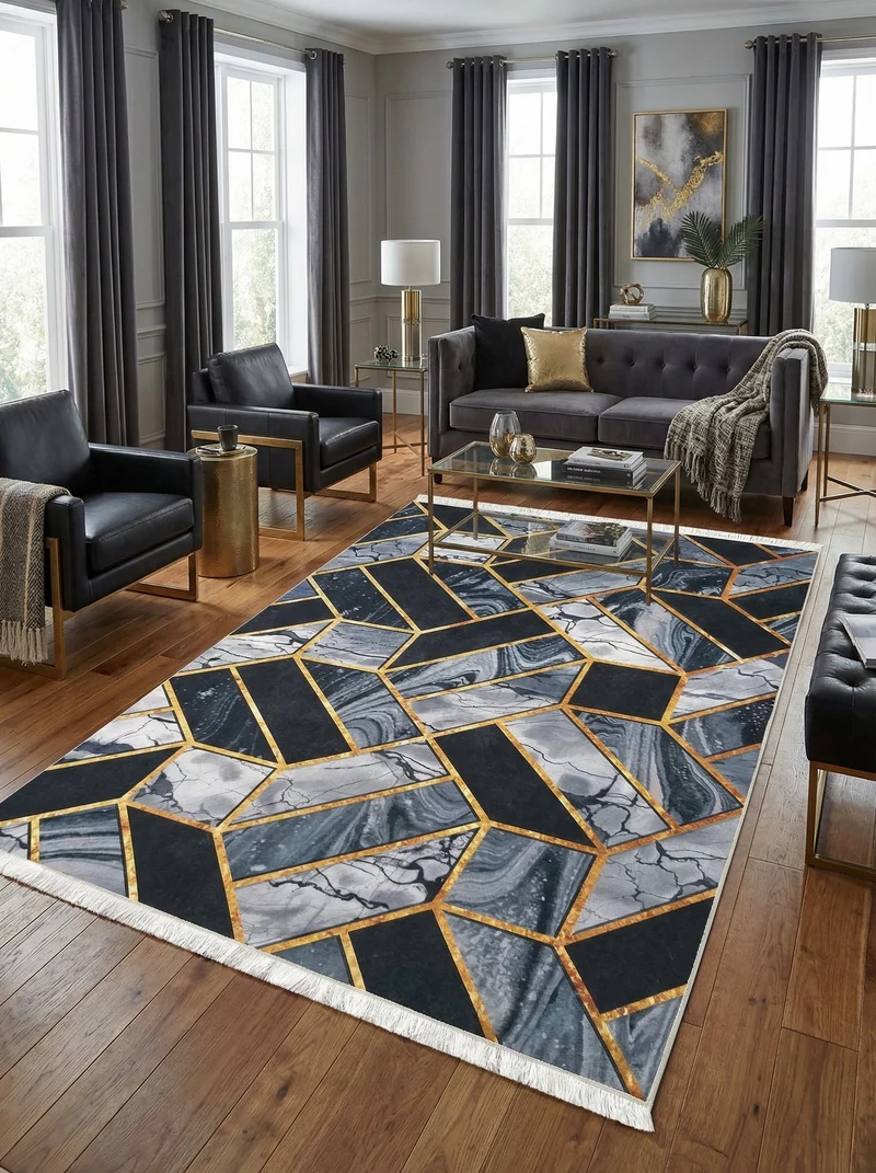 Tapis Lavable Géométrique Gris et Or - Onyx
