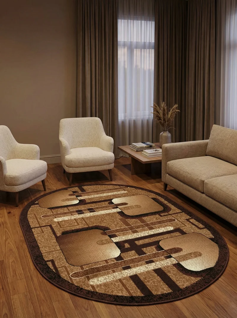 Tapis Ovale Moderne Géométrique Beige & Marron - Valore