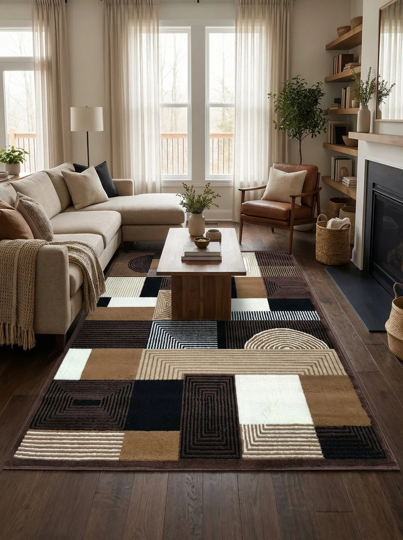 Tapis Géométrique Marron & Crème - Valore